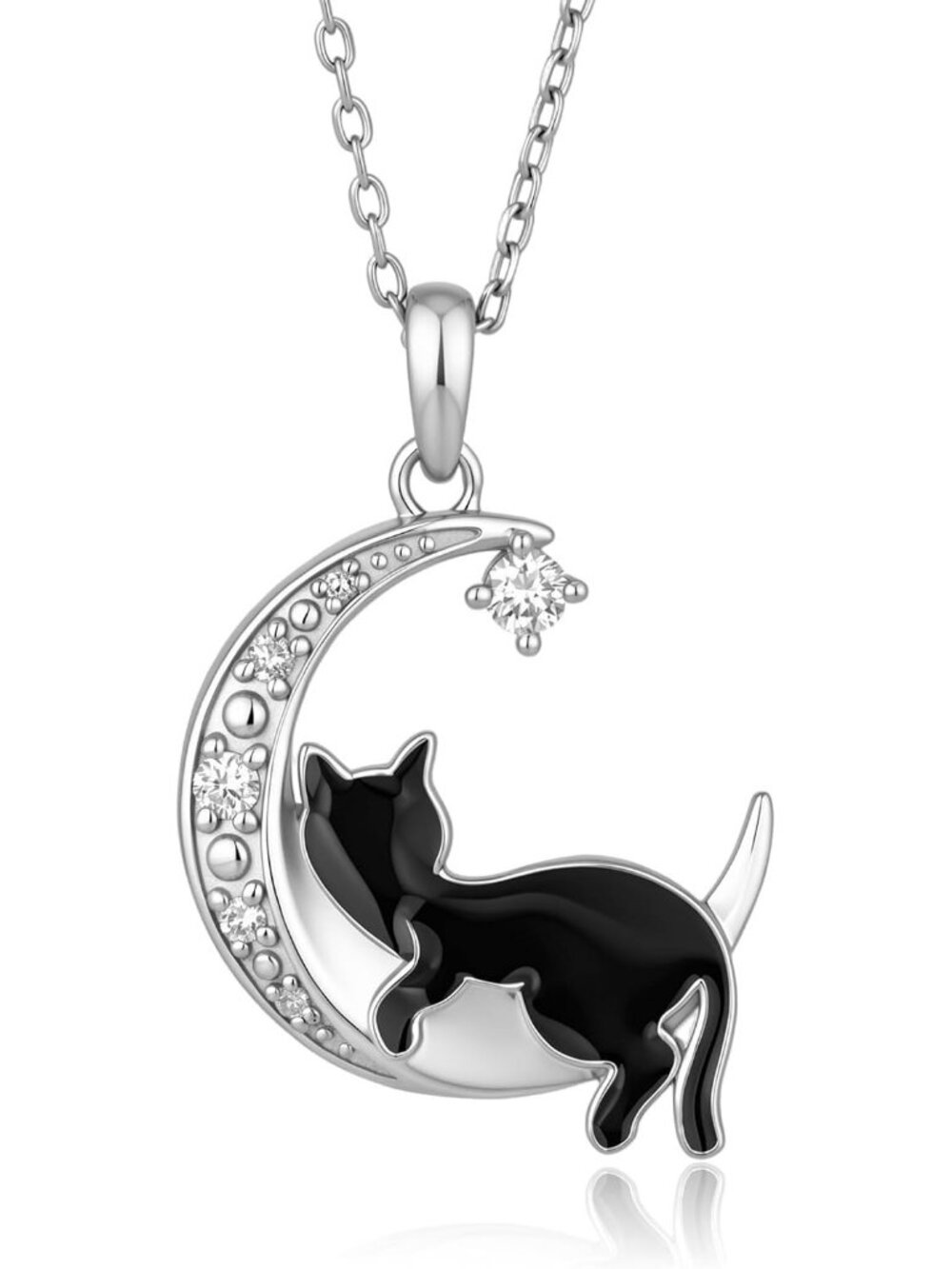 Women’s Black Cat Moon Sterling Silver Lab Hypoallergenic Diamond 925 Necklace